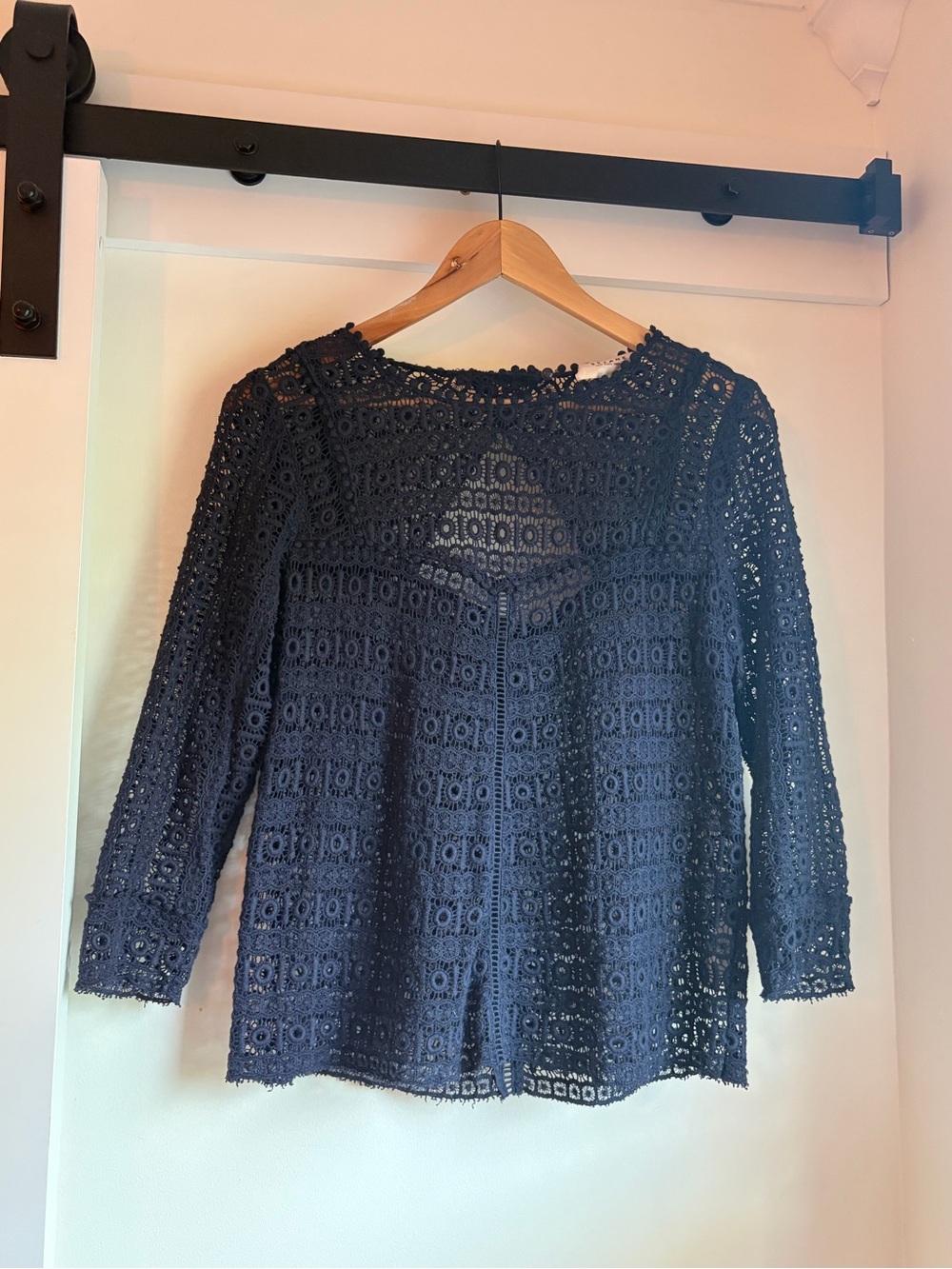 Sezane Navy Crochet Lace 3/4 Sleeve Top